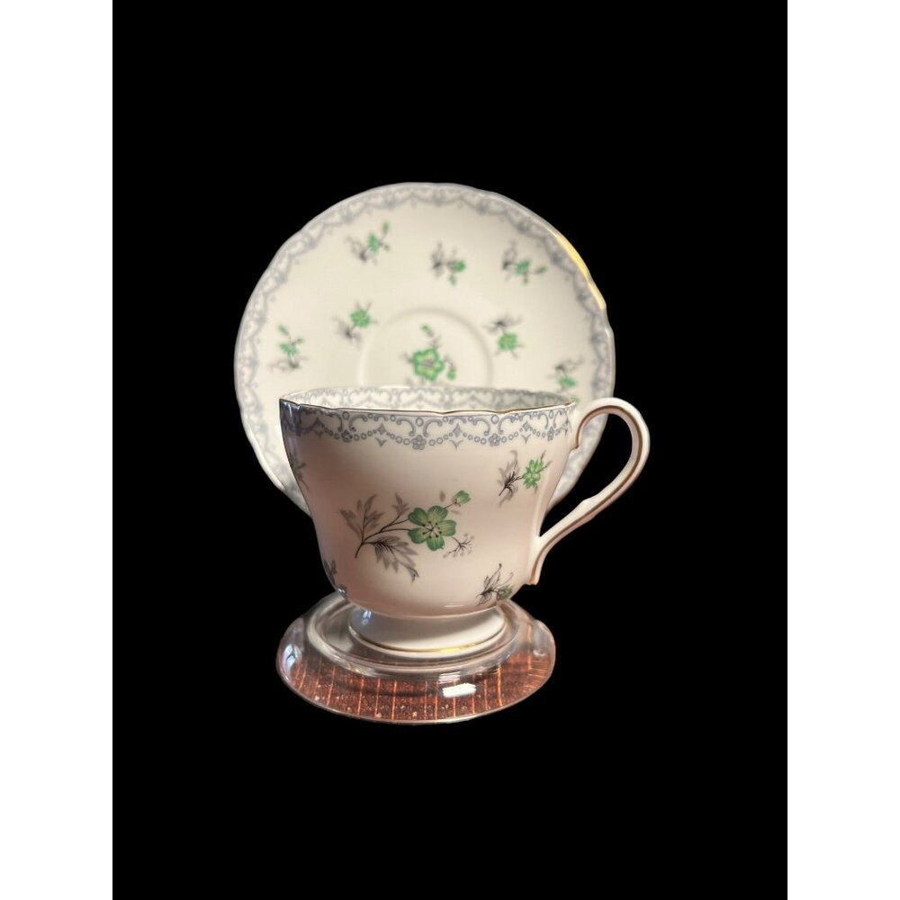 Shelley Cup and Saucer Set CHARM GREEN with Gray Floral Fine Bone China England